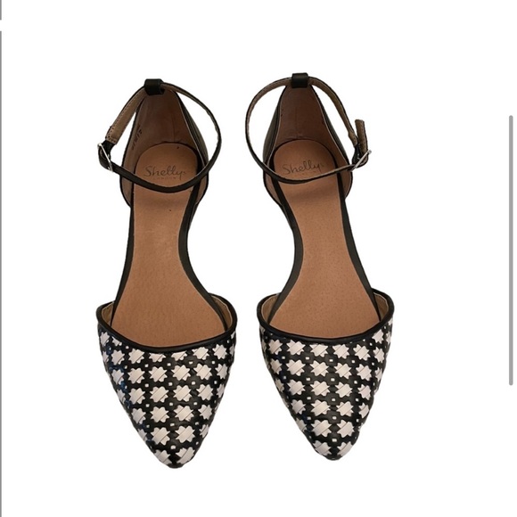 Shellys London black & white Dorsay adjustable ankle straps flat shoes size 10 - Picture 4 of 13